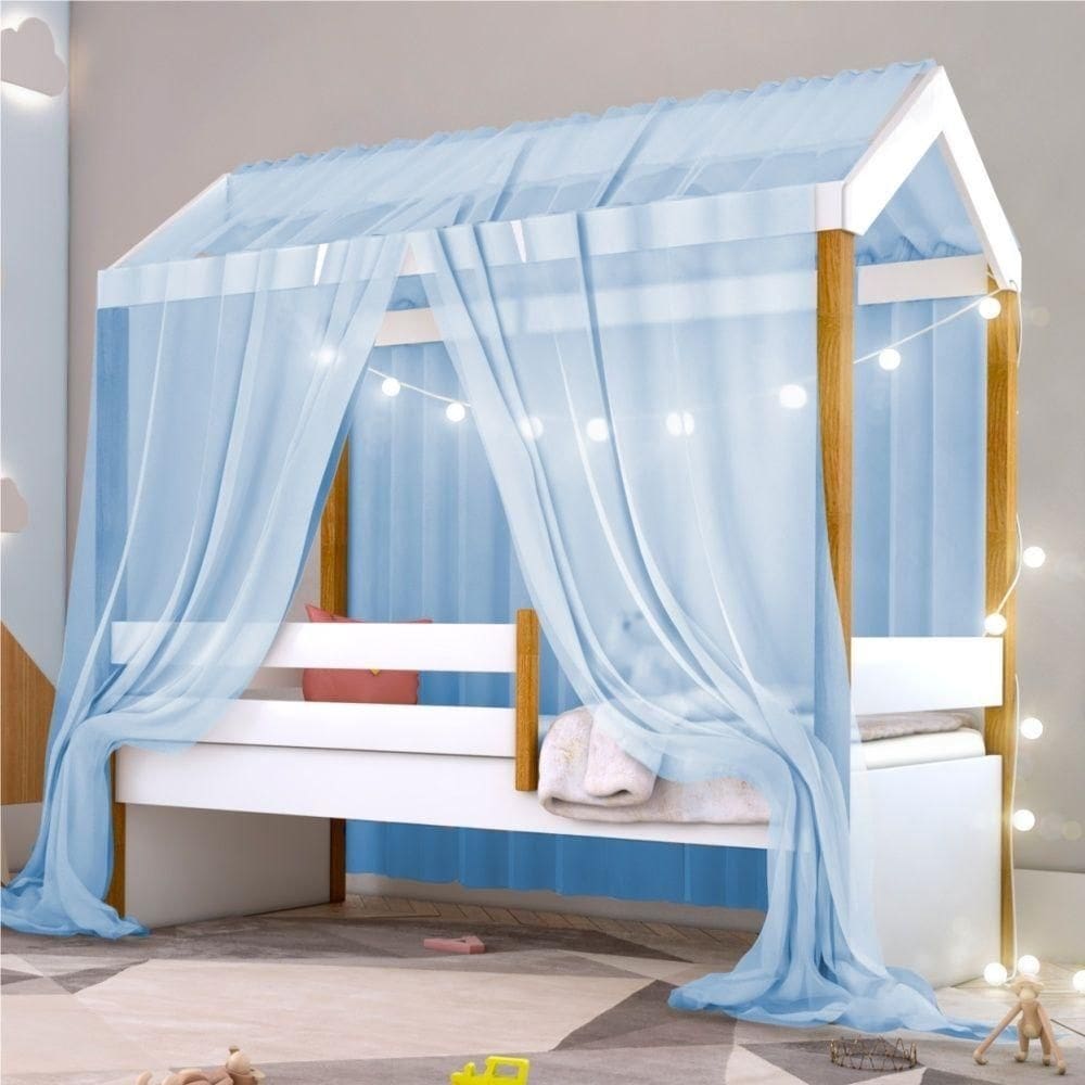 Cama Montessori Cabana Com Cordão Led Colchão E Dossel Azul