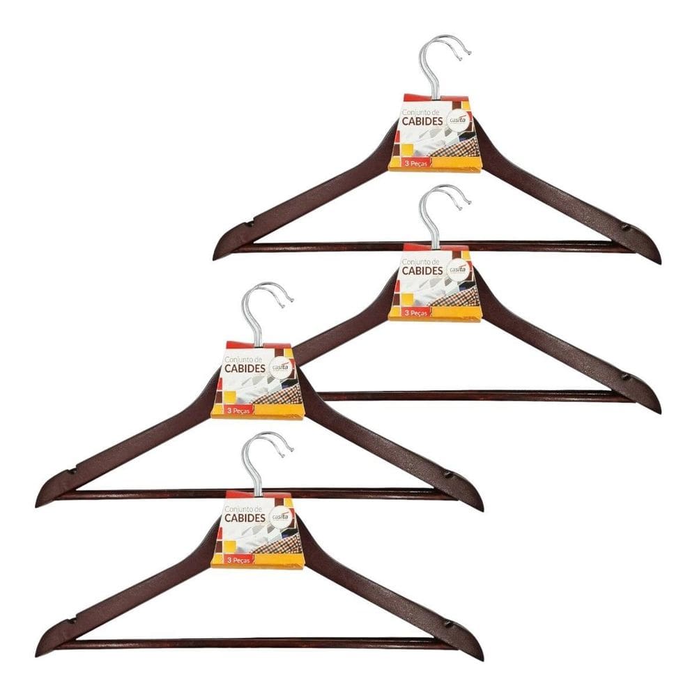 Kit 12X Cabides Madeira Marrom Gancho De Roupas Com Cavas