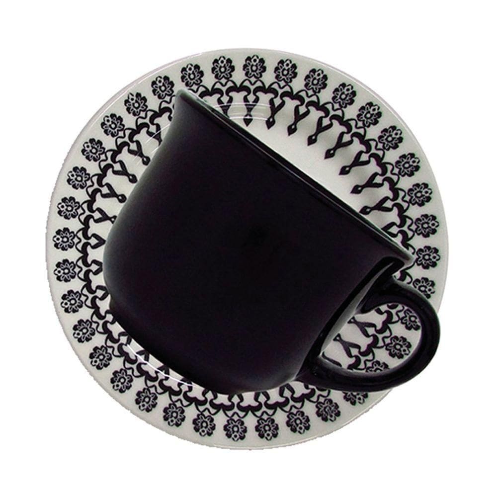 Kit 6 Xícaras Com Pires Donna Folk Oxford Cerâmica 180ml