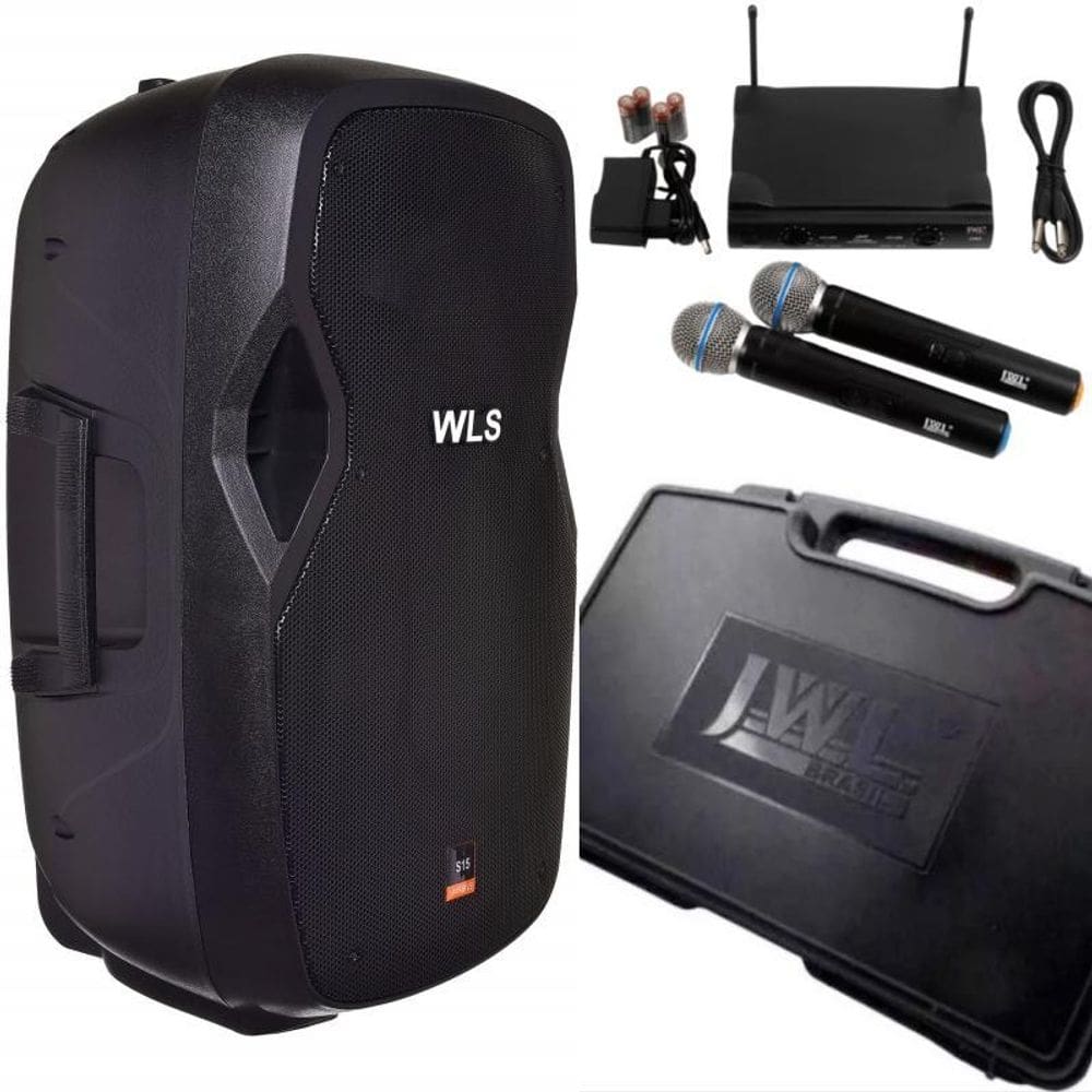 Caixa acústica wls s15 bt ativa + 2 microfones sem fio jwl