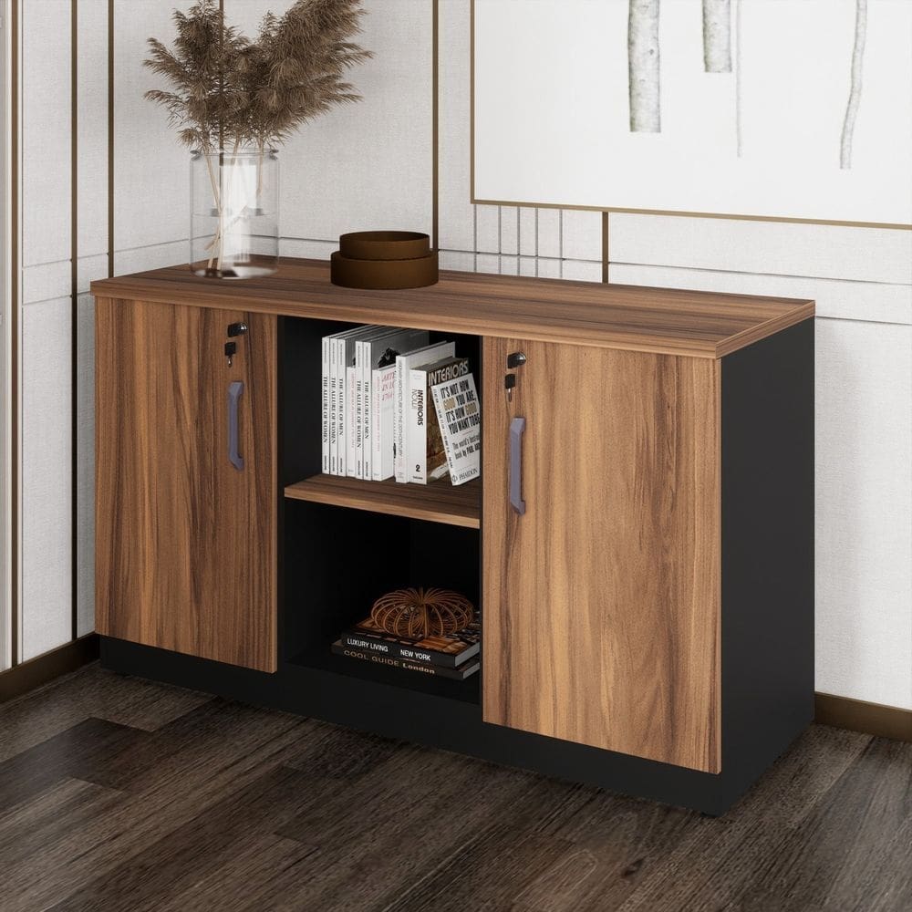 Armário para Escritório Baixo Credenza Marrom/Preto