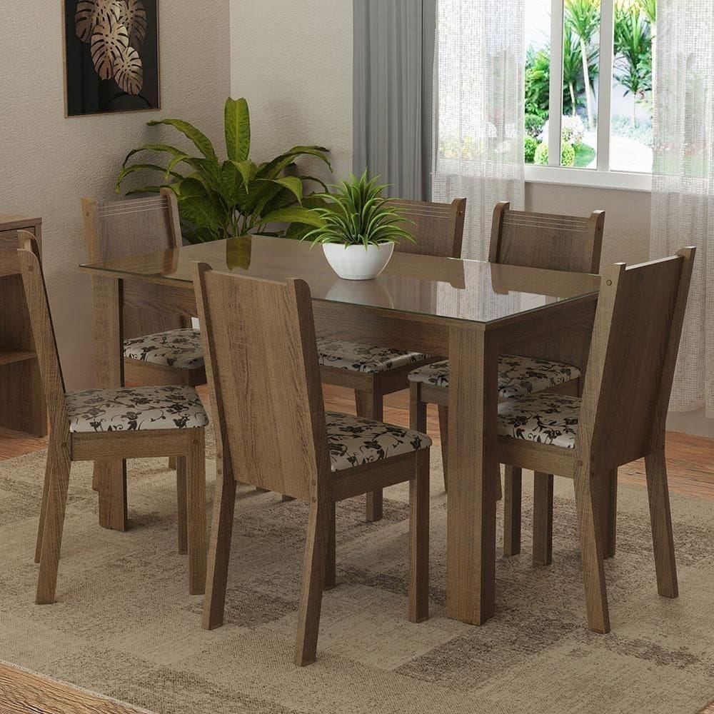 Conjunto Sala De Jantar Mesa Tampo De Vidro 6 Cadeiras Rustic-bege Marrom Isla Madesa Rustic