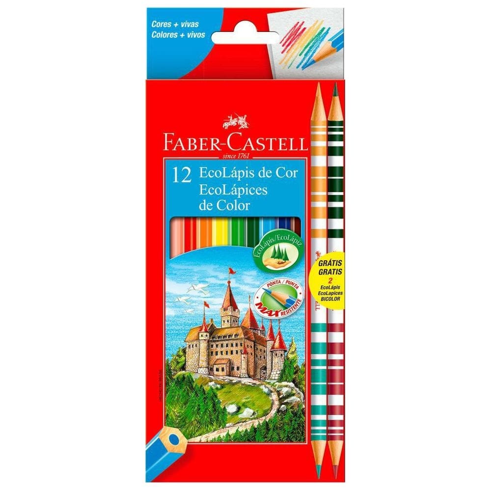 Lápis de cor 10 cores +2 bicolor arte desenho faber castell