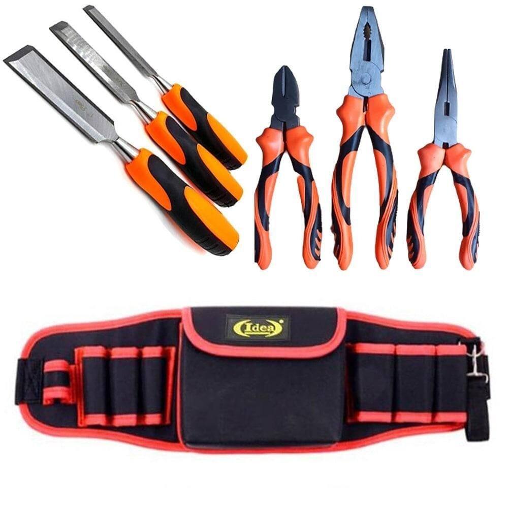 Kit cinto porta ferramenta vermelho 3 alicates e 3 formão