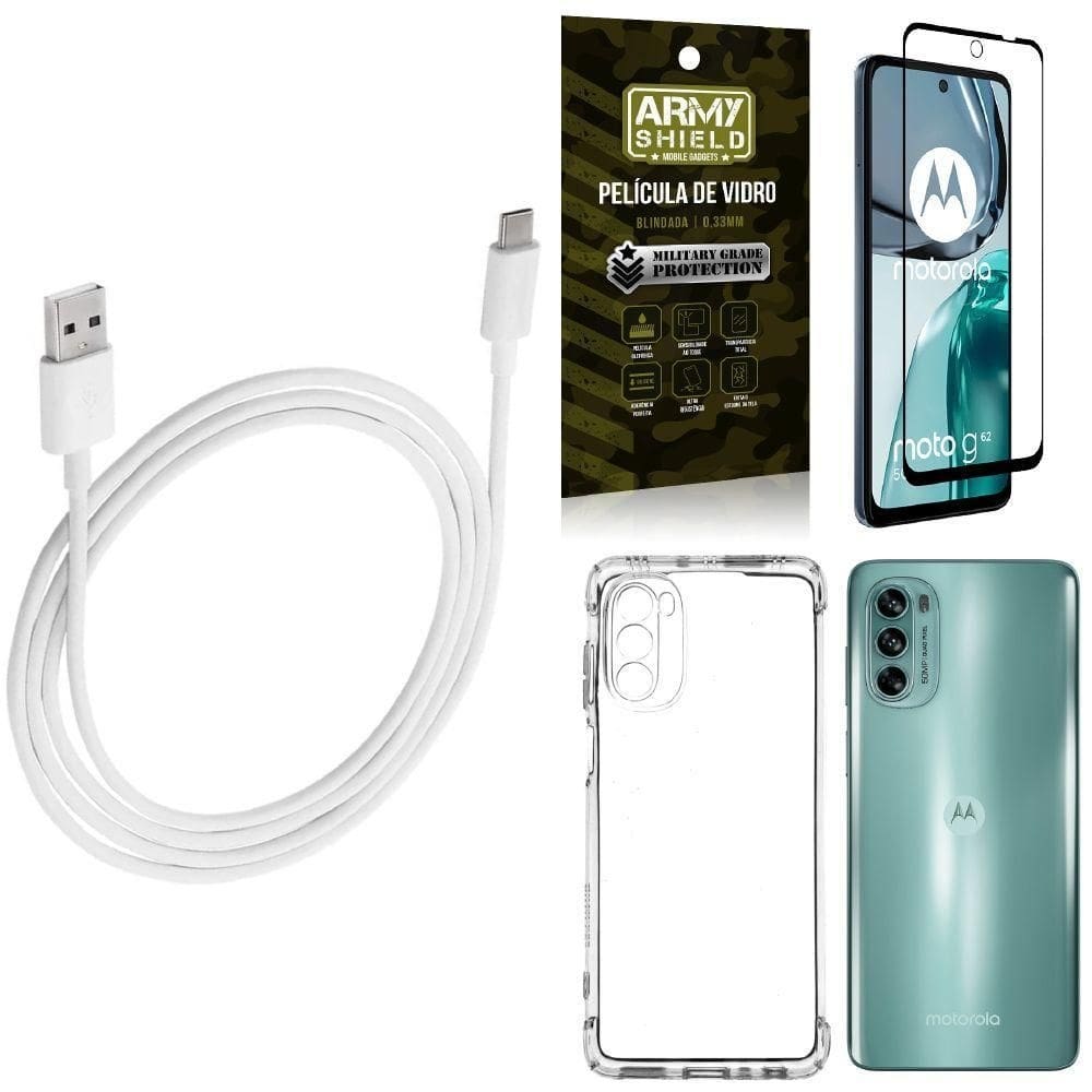 Kit capinha moto g62 + cabo usb tipo c 2m + película 3d
