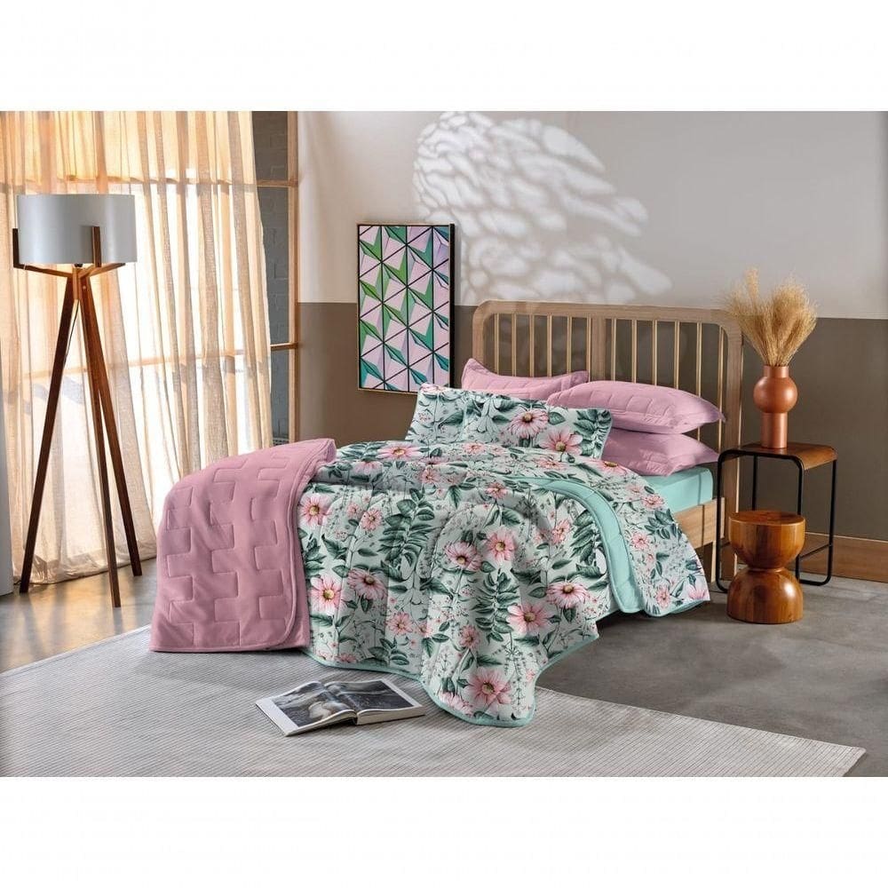 Kit Cobre Leito Casal 3 Pçs Em Malha Floral Verde