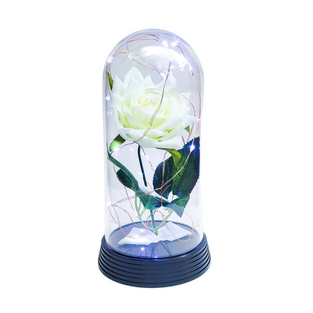 Luminária a rosa encantada branca 20 cm base preta frio