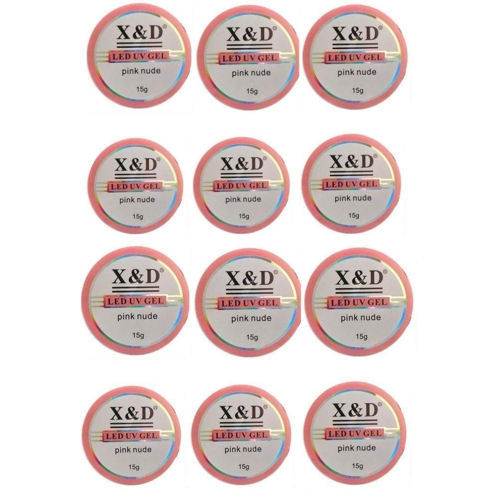 Kit 12 gel x&d led uv pink nude unha acrigel 15g