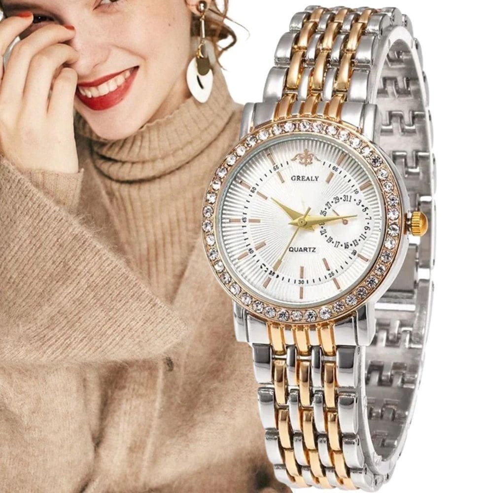 Relógio Feminino Dourado E Prata Strass Aço Luxo Elegante