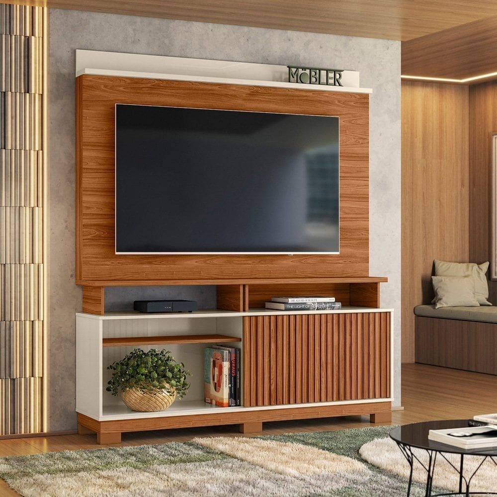 Estante Home para Tv até 70 Polegadas 1 Porta Home Dallas 1.6 Cinamomo Mel/Off White/Carrara
