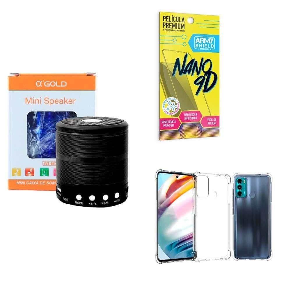 Kit caixa de som + capinha motorola g60 + película 9d