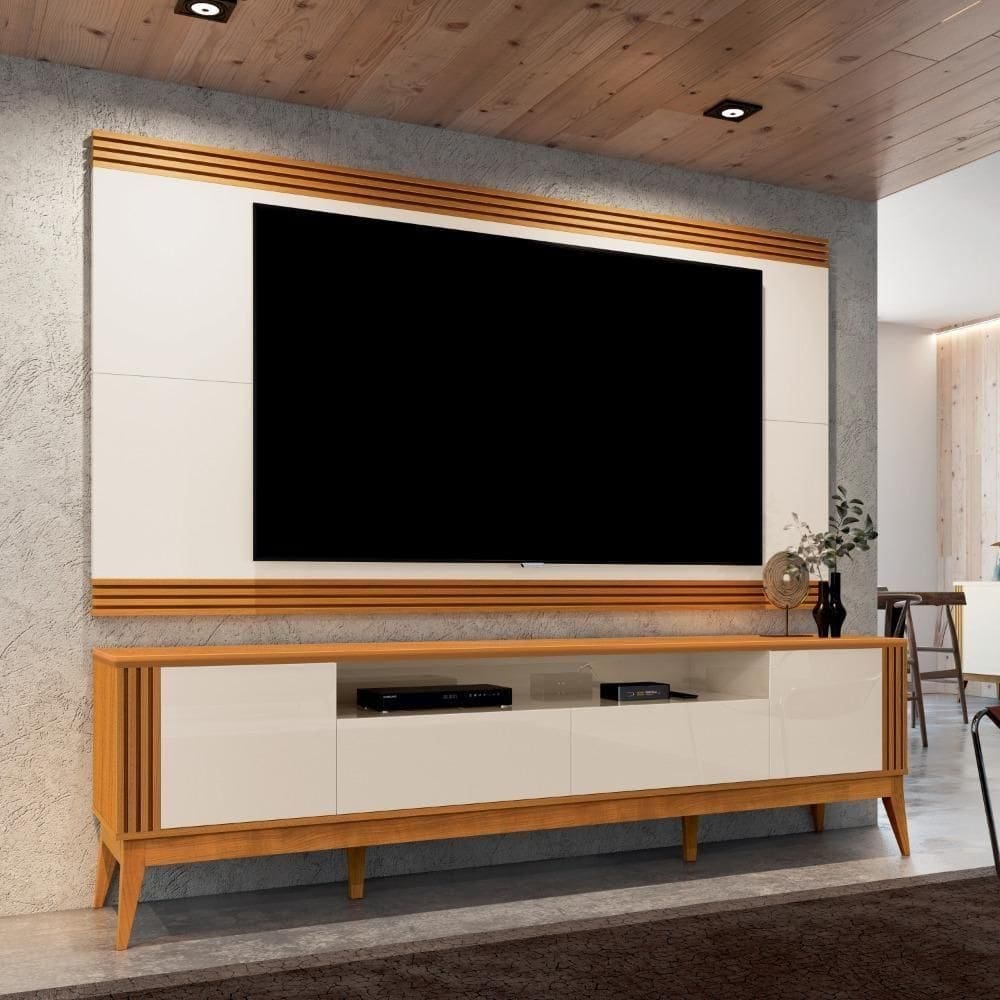 Rack Com Painel Ripado Para Tv Até 75" 218cm Cedro/Offwhite