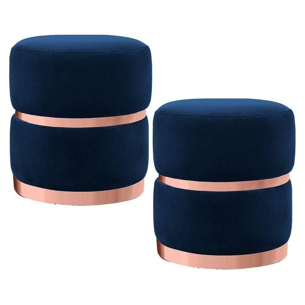 Kit 2 Puffs Cinto E Aro Rosê Round B-304 Veludo Azul Marinho