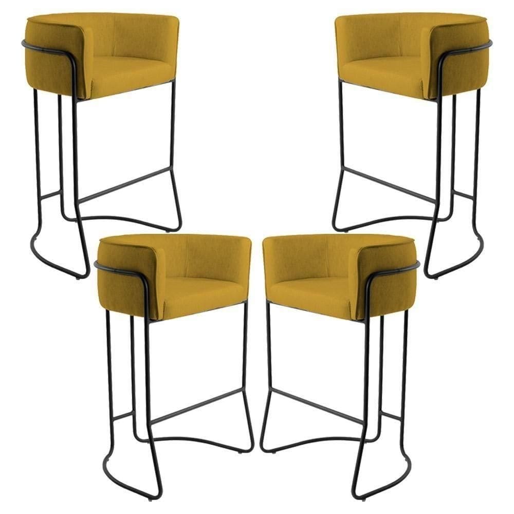 Kit 04 Banquetas Fixa Preto Veludo Mostarda C-279