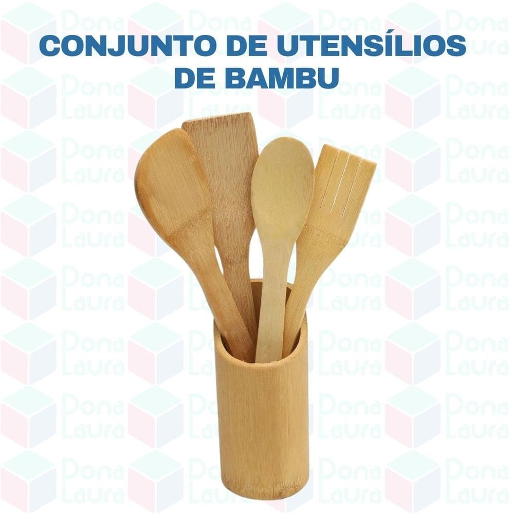 Kit Utensílios Bambu 5 Peças Ecológico Sustentável Natural