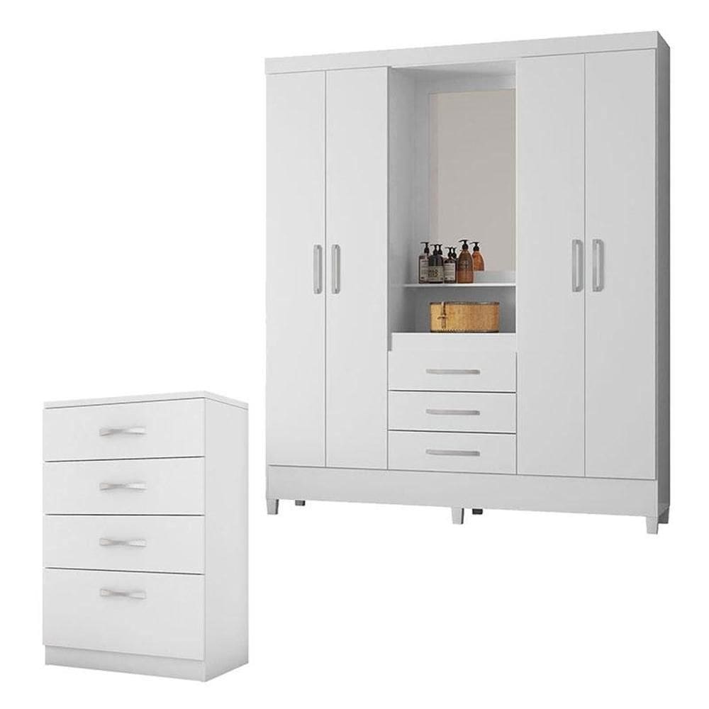 Cômoda Astral e Guarda Roupa Casal Capelinha Pérsia Branco Flex - Demóbile