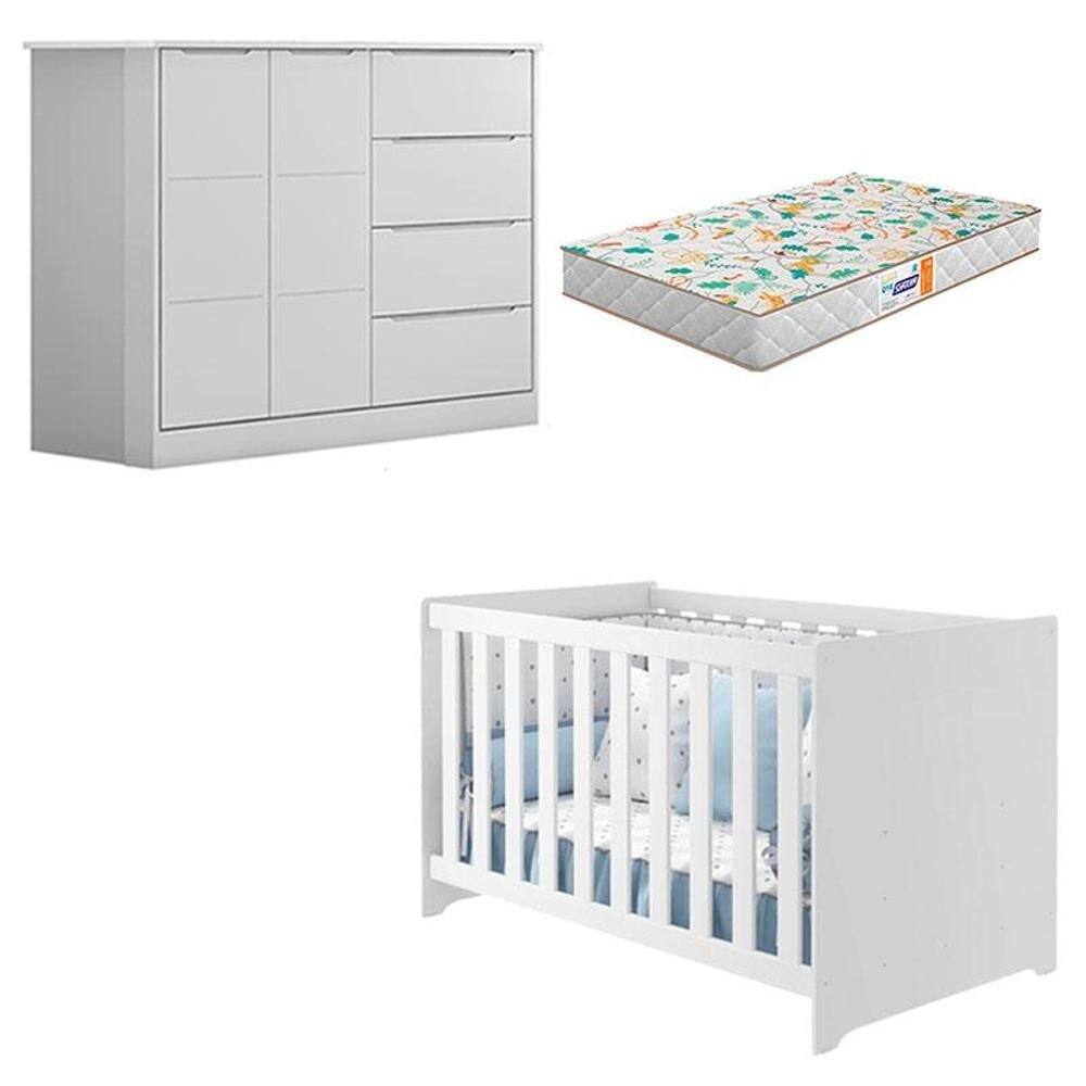Berço Americano Mali e Cômoda Infantil Eloá Branco Acetinado com Colchão Gazin – Phoenix Baby