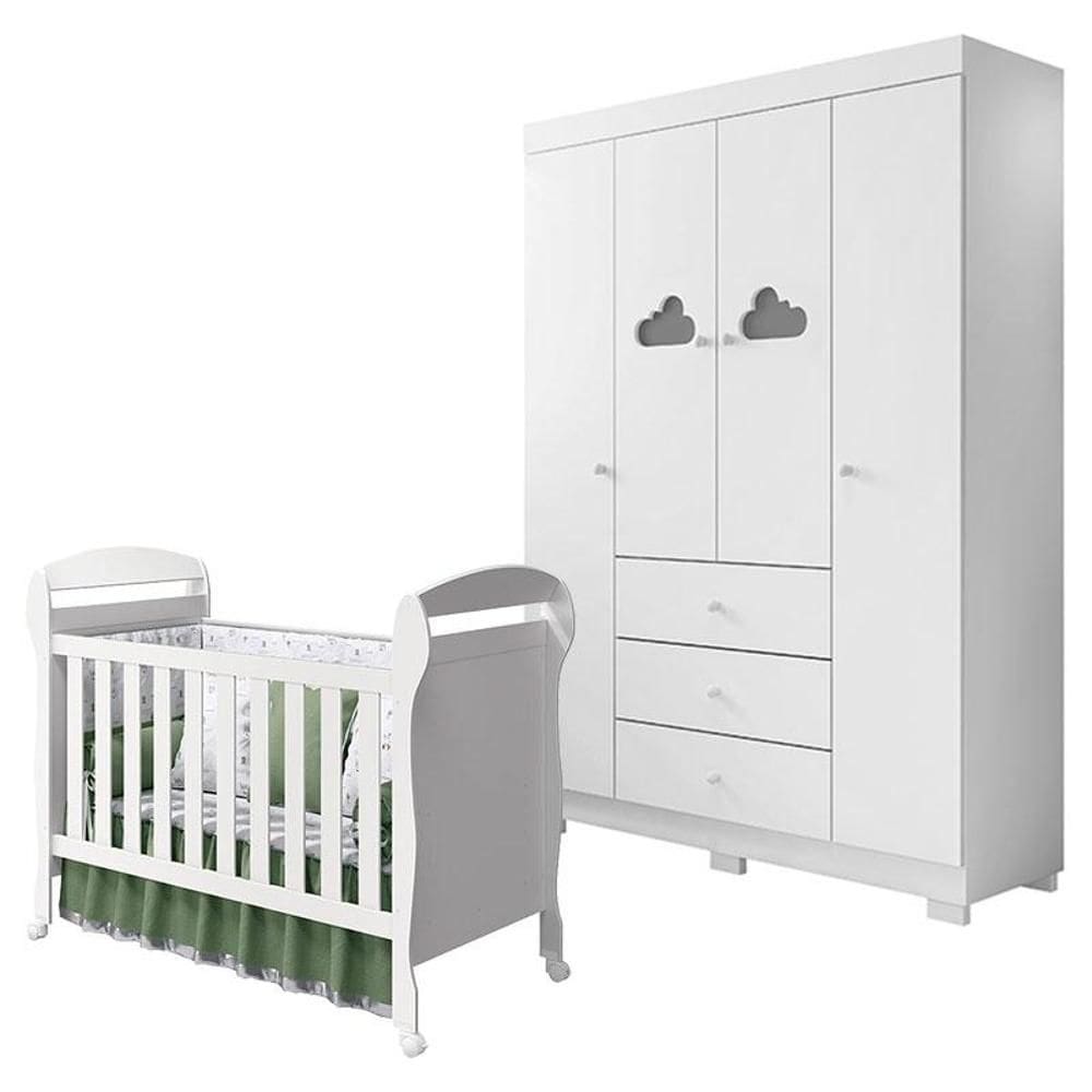 Berço Americano Danny e Guarda Roupa Infantil Ane Branco Brilho – Phoenix Baby
