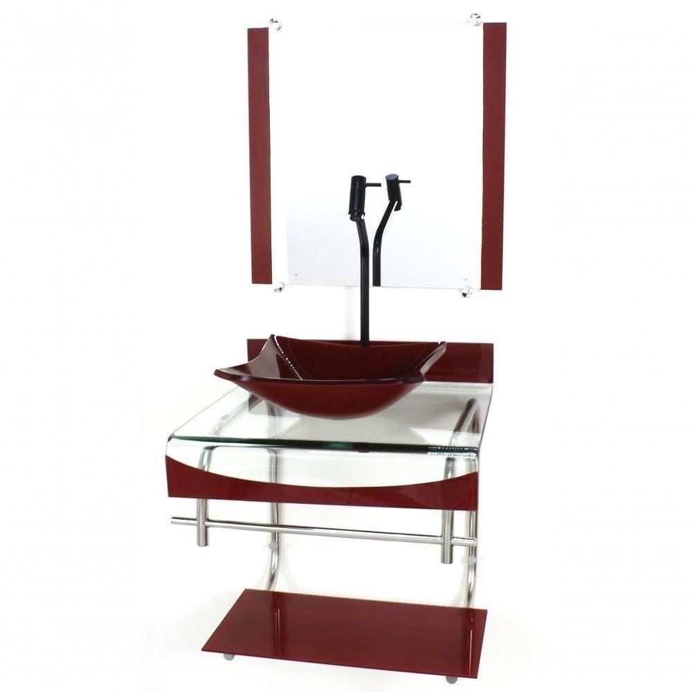Gabinete Duplo Inox Cuba Quadrada Vermelho C/Torneira Preta