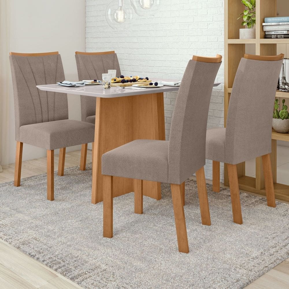 Conjunto Mesa 120cm Celebrare e 4 Cadeiras Apogeu Amêndoa Clean/Off White/Animale Bege