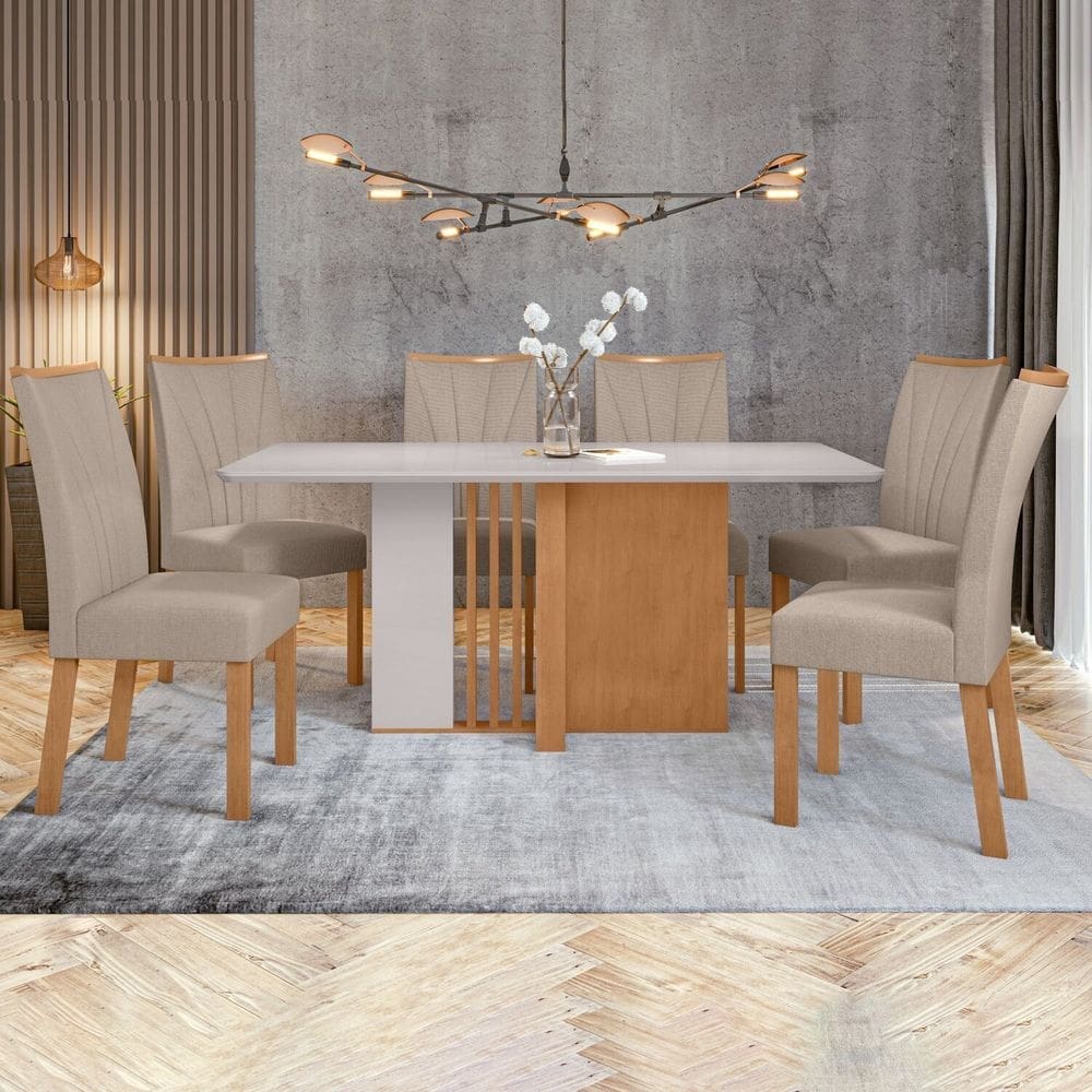 Conjunto Mesa 170cm Astrid com Vidro e 6 Cadeiras Apogeu Amêndoa Clean/Off White/Rinzai Bege