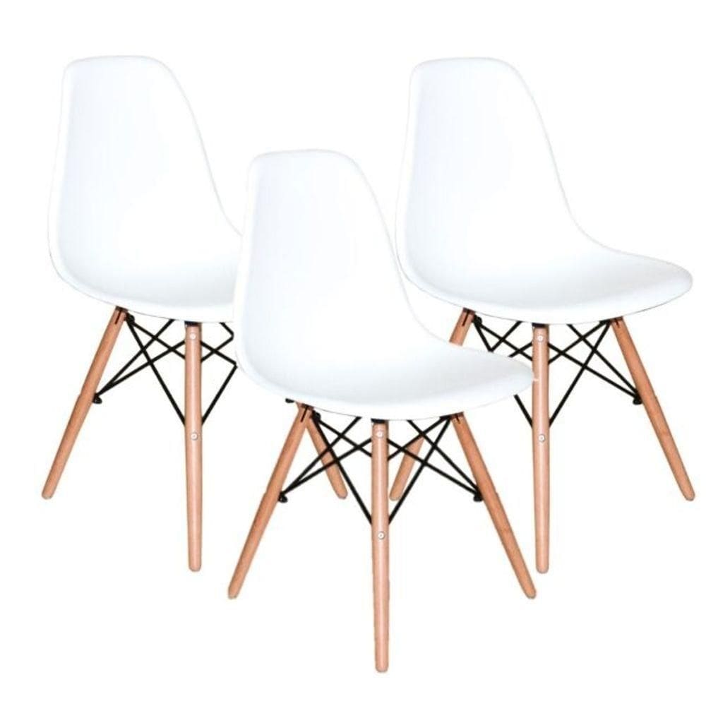 Kit 03 Cadeiras Decorativas Eiffel Charles Eames F03 Branco Com Pés De Madeira - Lyam Decor