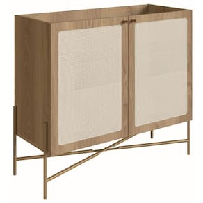 Balcão Bar Buffet Oslo Artesano 93 Cm (Largura) Em Mdp Mel Palha Natural Com Duas Portas Base Metal