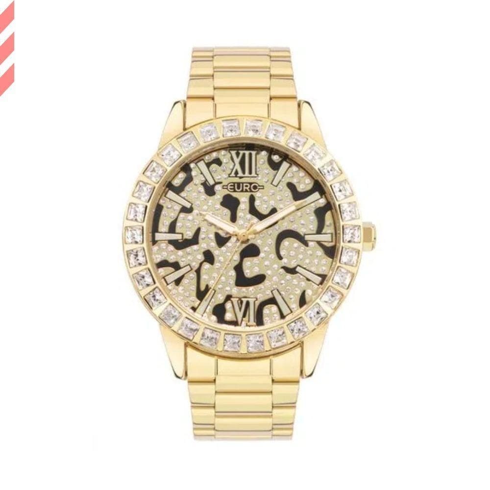 Relogio feminino dourado fundo onça euro eu2036ytg/4p