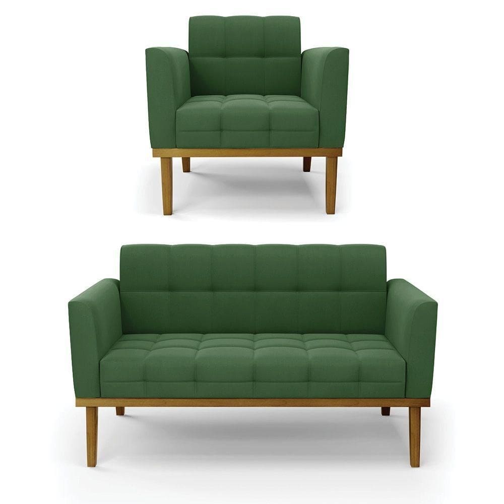 Namoradeira Com Poltrona Base De Madeira Castanho Elisa Suede D03 - D\`rossi Cor Verde