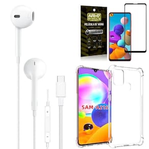 Capa samsung a21s + fone de ouvido tipo c + película 3d