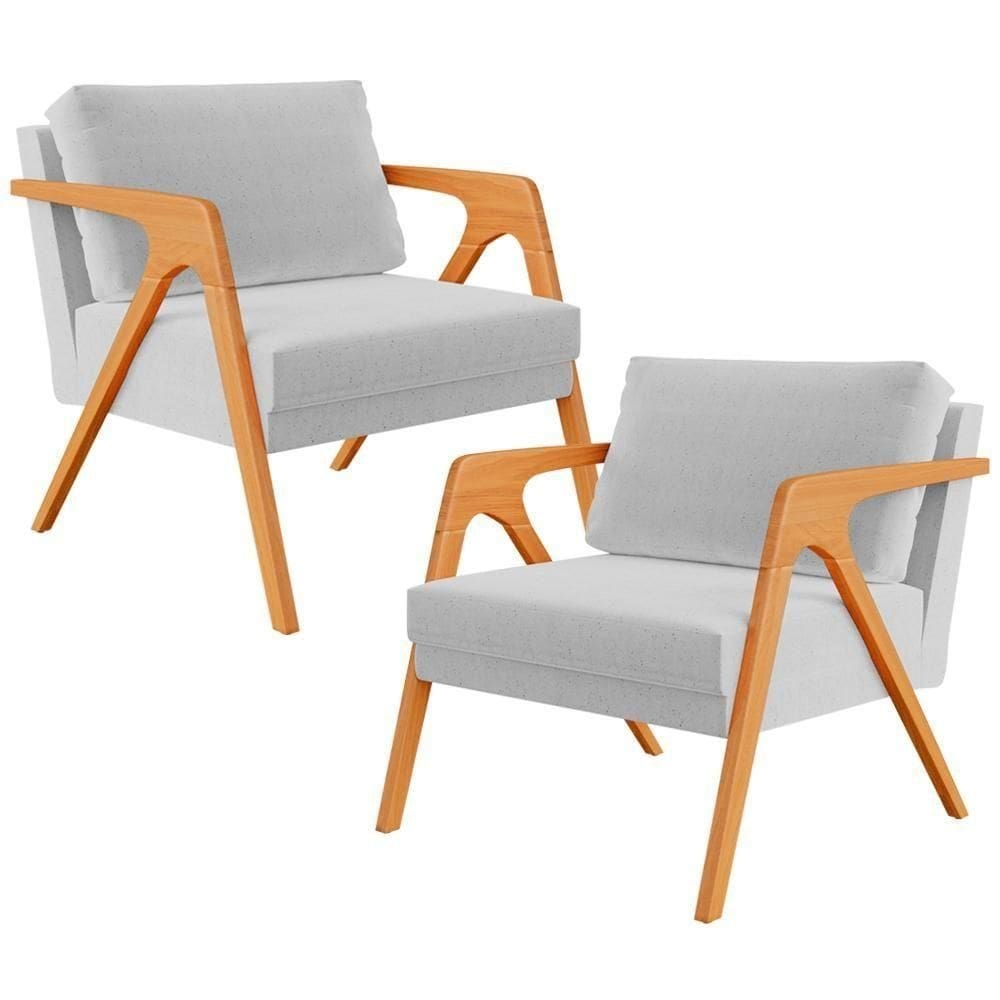 Kit 02 Poltronas Estrutura De Madeira L02 Linho Cinza