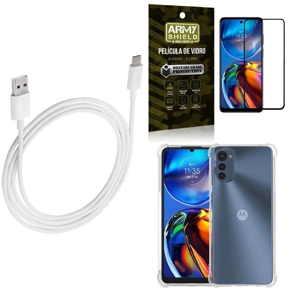 Kit capinha moto e32 + cabo usb tipo c 2m + película 3d