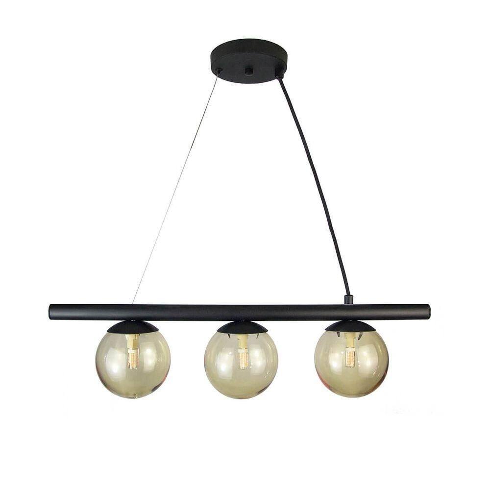 Lustre Pendente Figo Preto - 3 Globos Esfera De Vidro âmbar