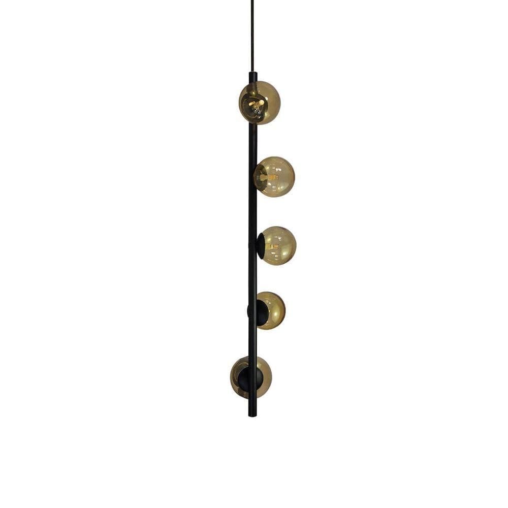 Lustre Vertical Figo Preto - 5 Globos Esfera De Vidro âmbar