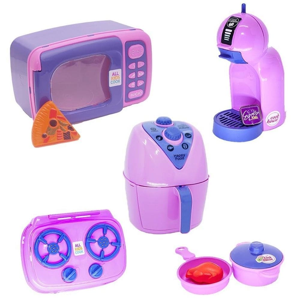 Menina cozinha infantil eletro panela microondas rosa 9pç
