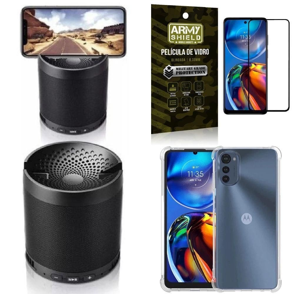 Kit capinha moto e32 + som bluetooth potente q3 + película