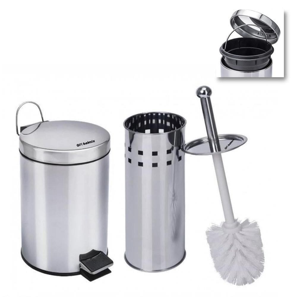 Kit para banheiro lixeira 5l e escova sanitária em aço inox