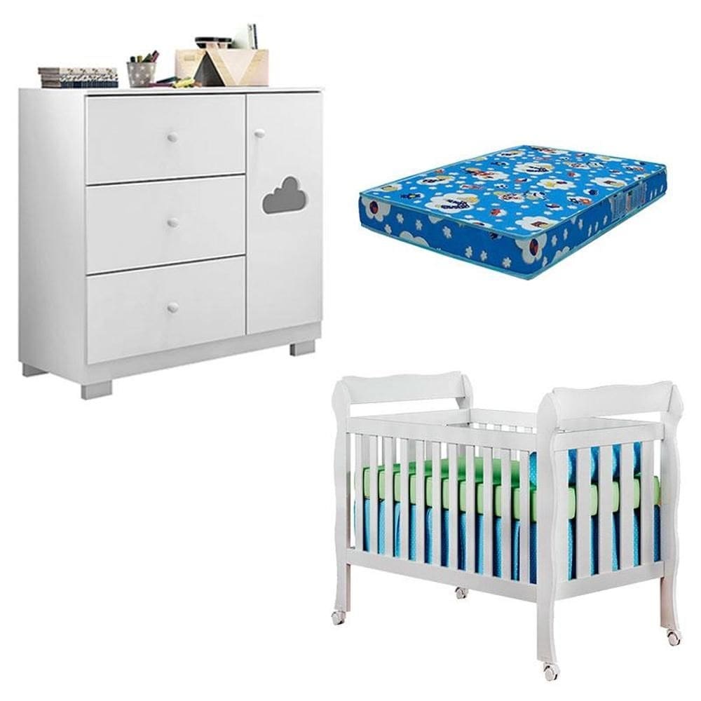 Berço Americano Lila e Cômoda Infantil Ane Branco Brilho com Colchão Ortobom – Phoenix Baby