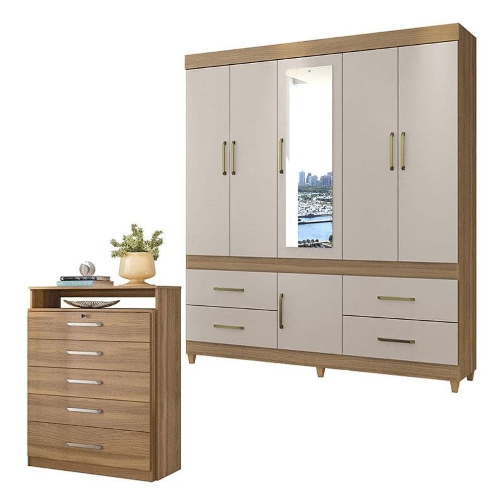 Cômoda Triunfo e Guarda Roupa Casal Guarujá Amêndola Off White - Demóbile