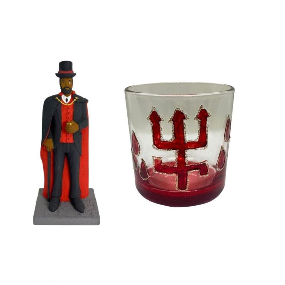 Kit escultura exu cartola 15 cm resina + copo whisky