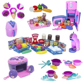 Super kit cozinha infantil eletro mercado comida fogão 108pç