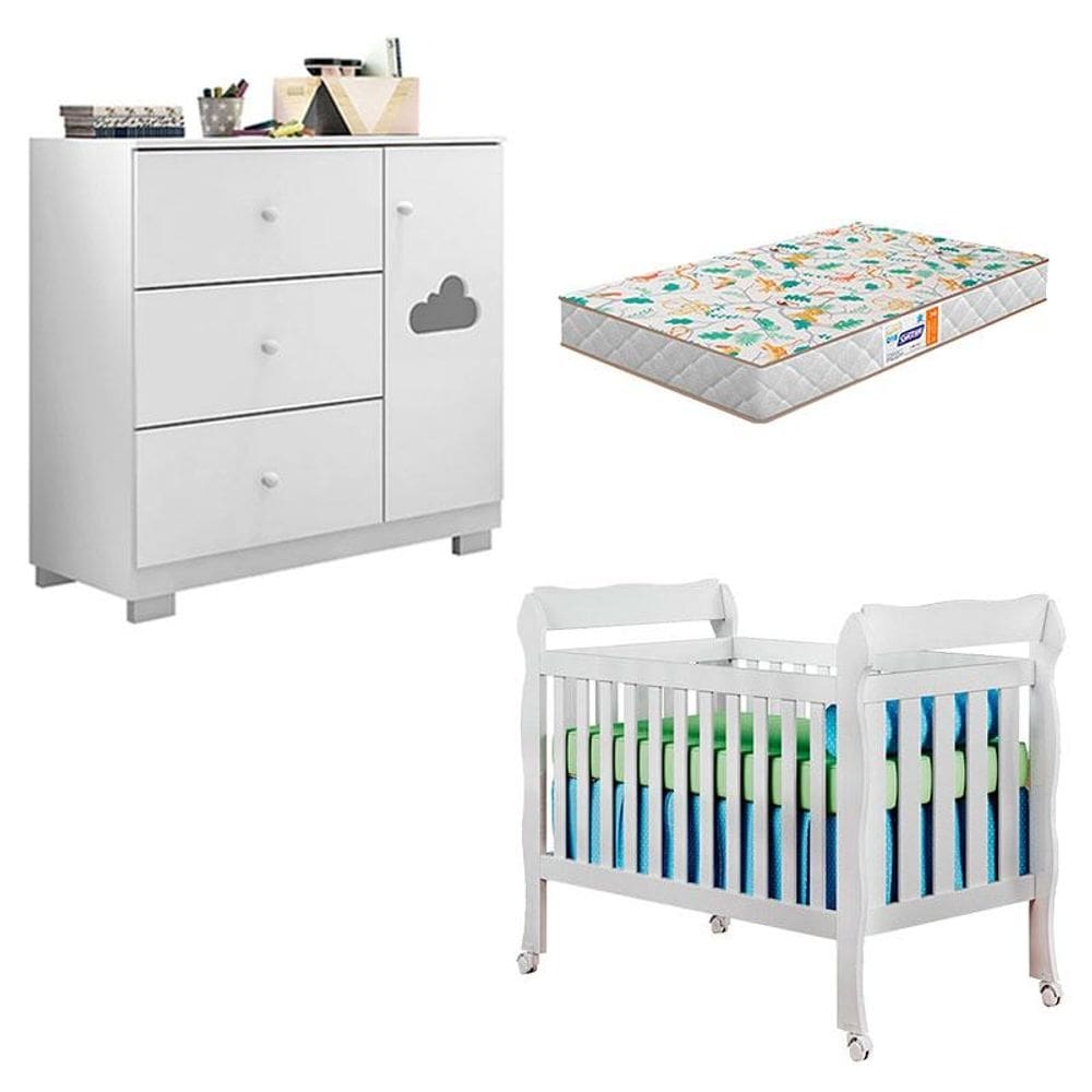 Berço Americano Lila e Cômoda Infantil Ane Branco Brilho com Colchão Gazin – Phoenix Baby