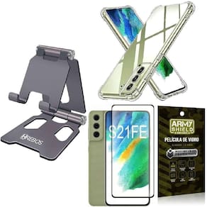 Suporte mesa 360 hrebos cinza + capinha antishock + película vidro 3d - kit suporte smartphone