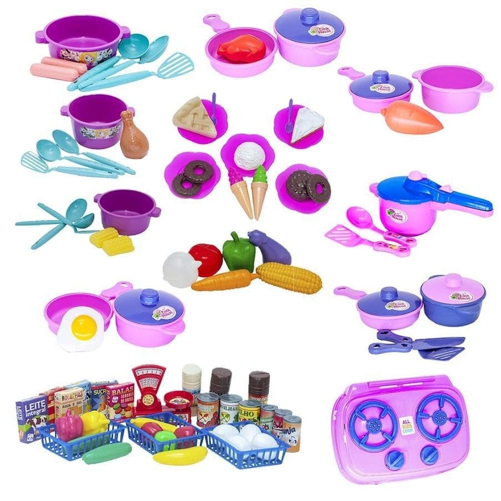 Cozinha infantil panelas fogão mercado doceria legumes 89pç