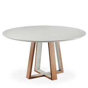 Mesa Jantar Emilly Maitê Redonda 140 Cm Tampo Madeira Vidro Colado Carvalho E Laca Off White