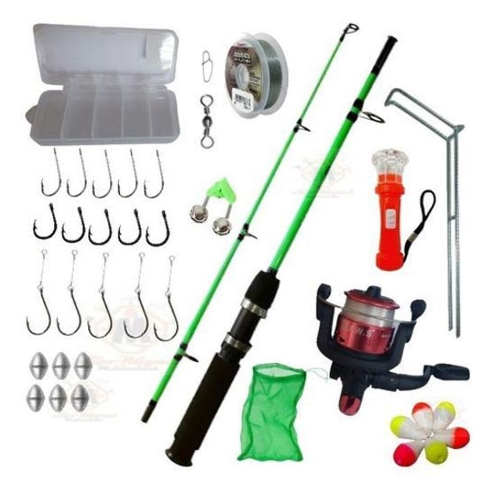 Kit pesca vara 1,35m + molinete com linha + caixa 36 iten