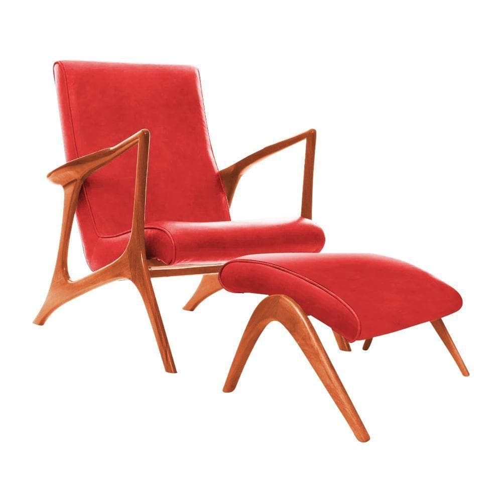 Poltrona Luxo Couro Sintético Vermelho Vk Anos 50 Com Puff Cor Verde