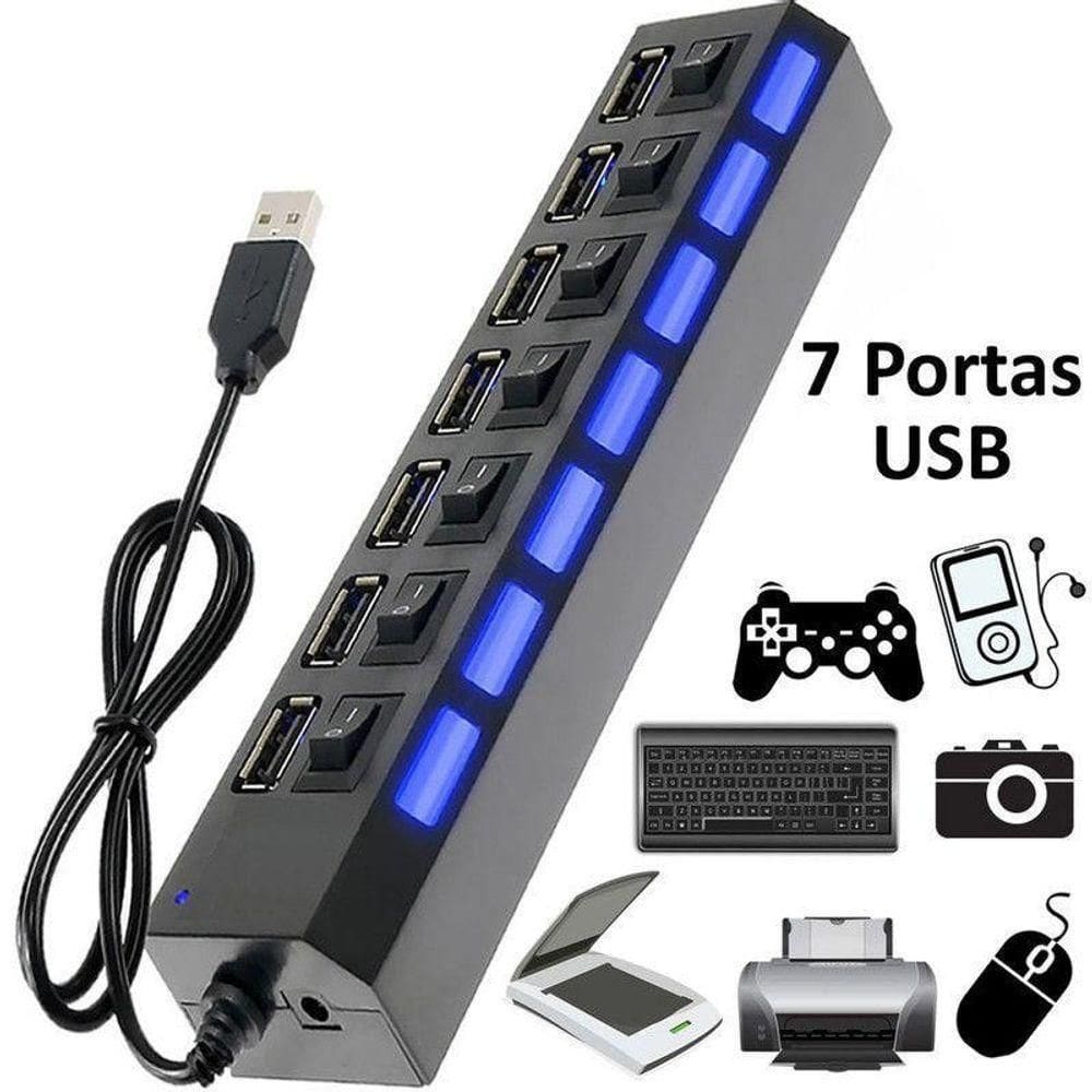 Hub Usb 2.0 7 Portas Com Led Indicador E Botões Liga/desliga