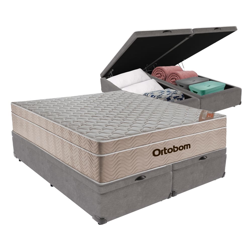 Cama Box Molas Ensacadas com Baú Cinza Queen Airtech Ortobom