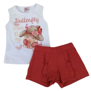 Conjunto infantil fem verão Quebra Cabeça cru/rosa